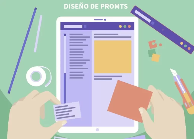 Ilustración de diseño de prompts con manos trabajando en tableta.