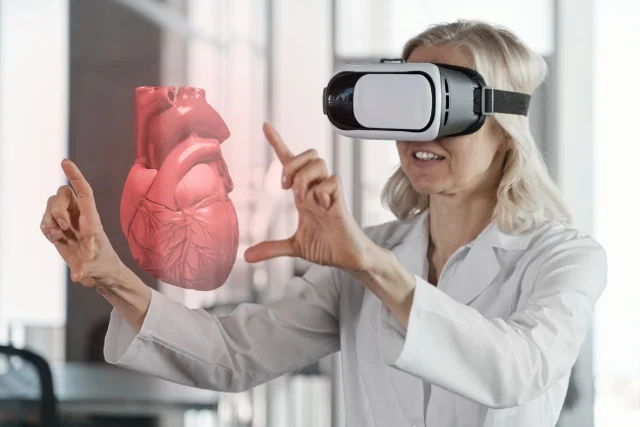Profesional de la salud con visor VR examinando holograma de corazón humano.