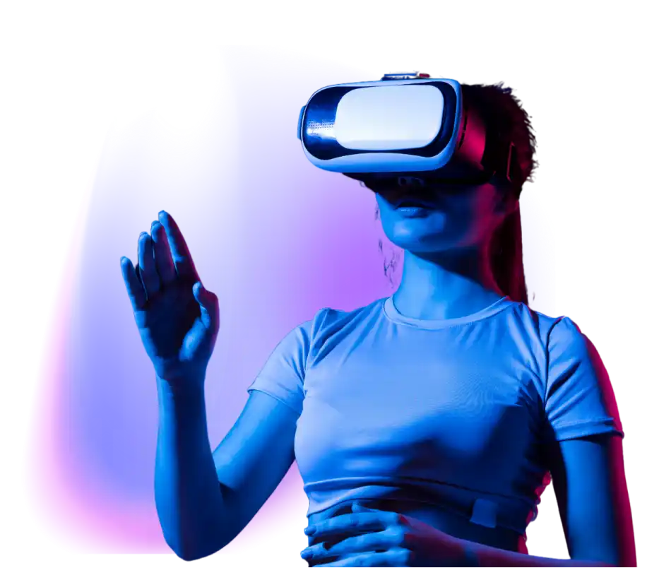 Mujer en realidad virtual con luz azul y magenta