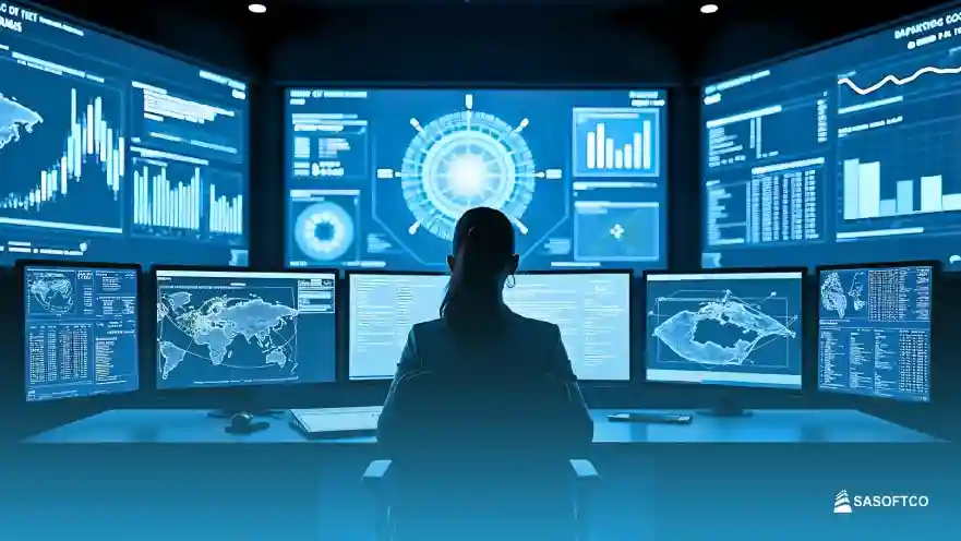 Monitoreo en Tiempo Real: Mujer frente a estación de control con mapas y gráficos