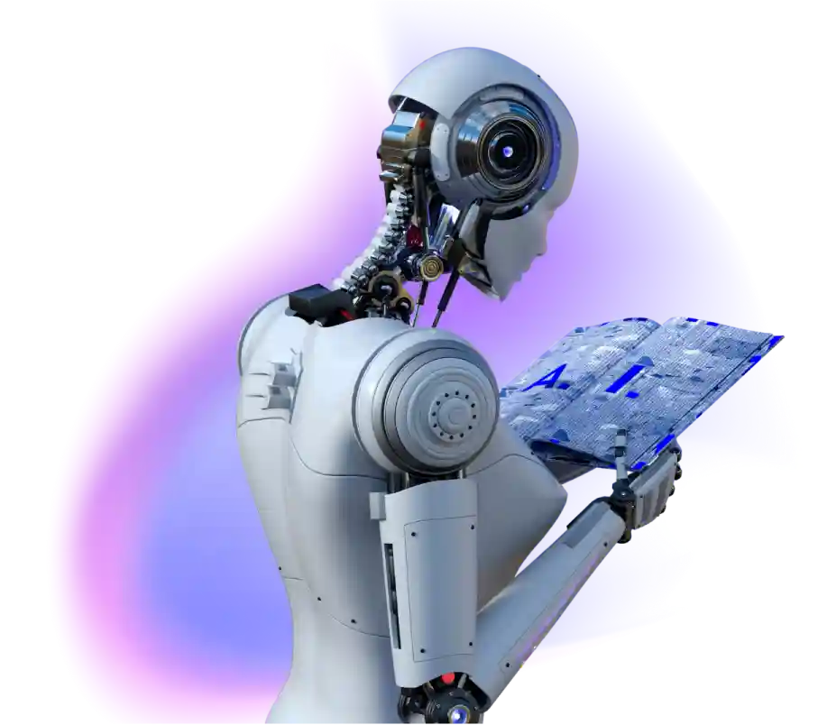 Robot blanco con tableta que muestra 'A.I.'