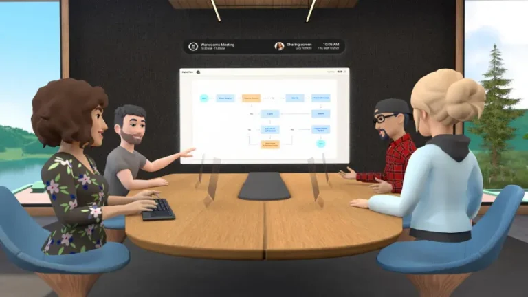 Avatares en una sala virtual de reuniones colaborando en un diagrama de flujo proyectado en pantalla