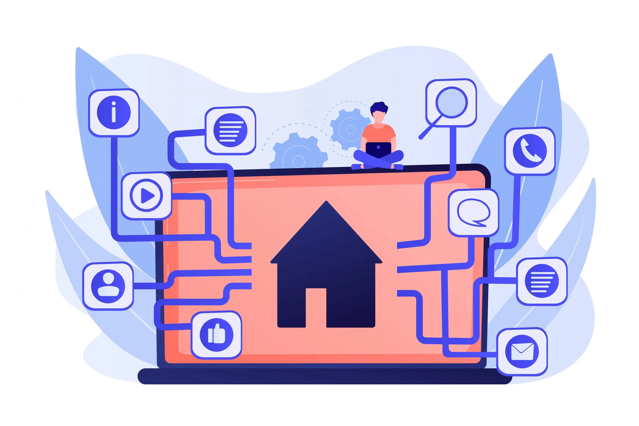 Ilustración de una pantalla conectada a múltiples iconos de funciones digitales con una persona usando portátil encima.