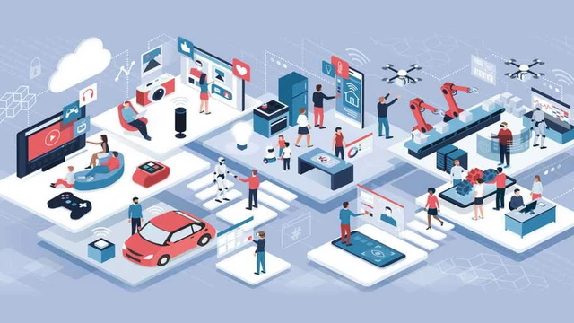 Ilustración de un entorno digital con personas interactuando con tecnologías como robótica, realidad virtual, drones y domótica.