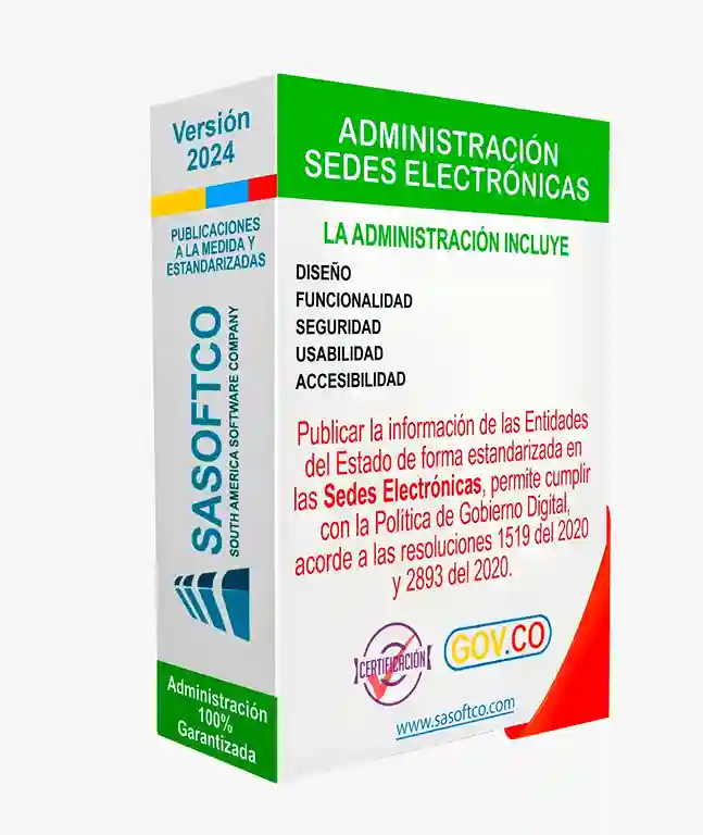 Caja del software SASOFTCO versión 2024 para la administración de sedes electrónicas del Estado, que garantiza diseño, funcionalidad, seguridad, usabilidad y accesibilidad conforme a la normativa GOV.CO.