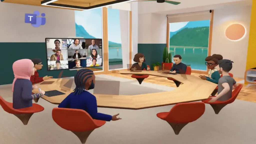 Reunión virtual en el metaverso con avatares y videollamada en Microsoft Teams