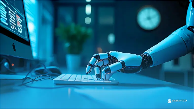 Mano robótica escribiendo en teclado frente a monitor, implementando la Automatización de procesos.