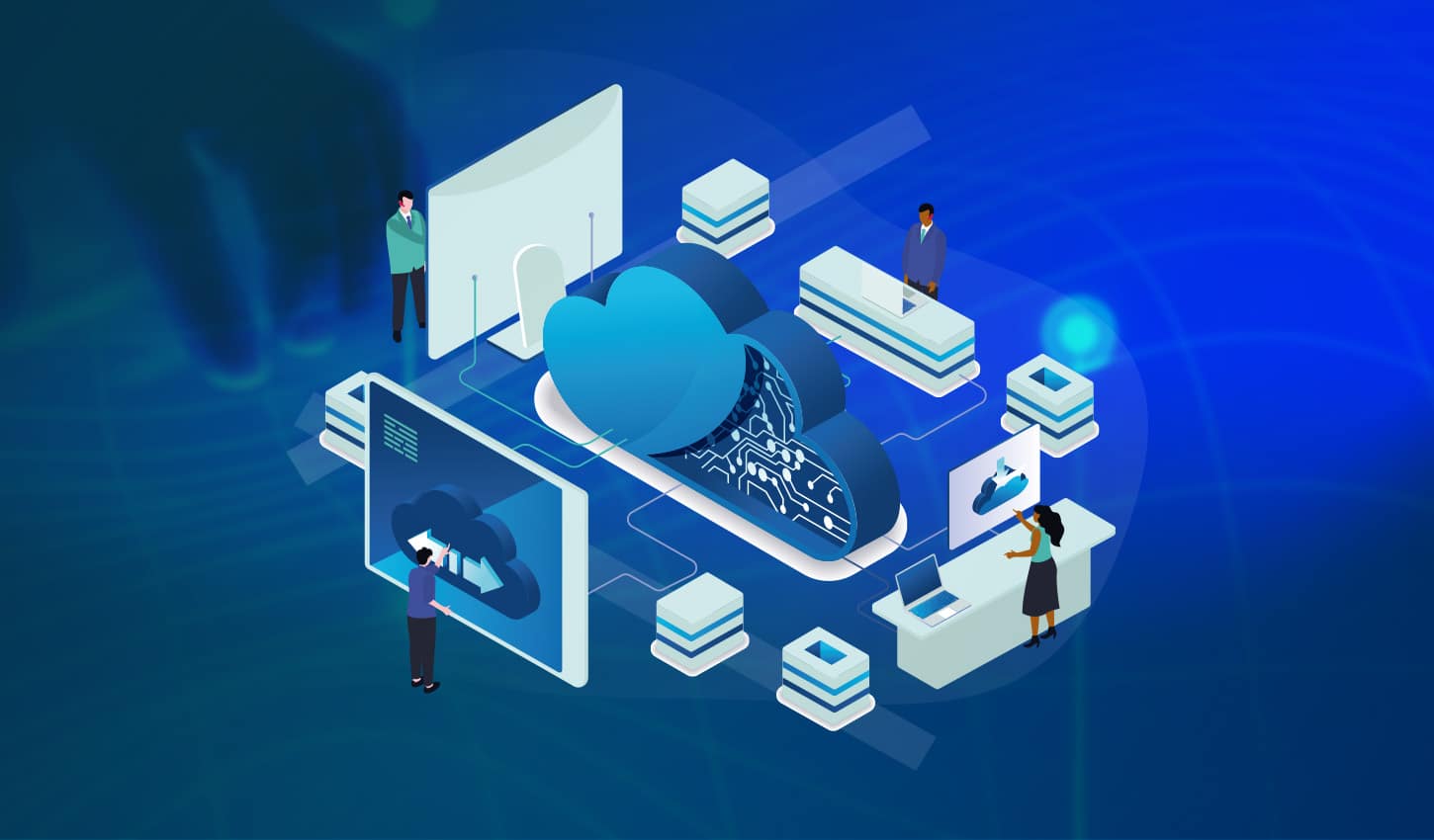 Ilustración de computación en la nube con conexiones digitales y usuarios.