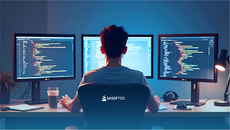 Programador de SASOFTCO realizando desarrollo de software en estación con tres pantallas