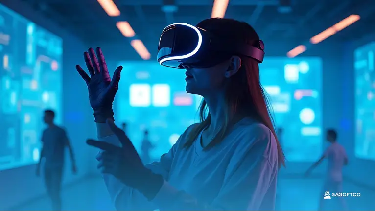 Mujer con visor de realidad virtual interactuando en entorno digital