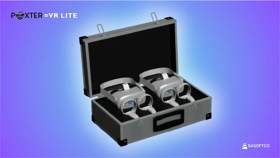 Kit portátil Poxter VR Lite abierto con visores