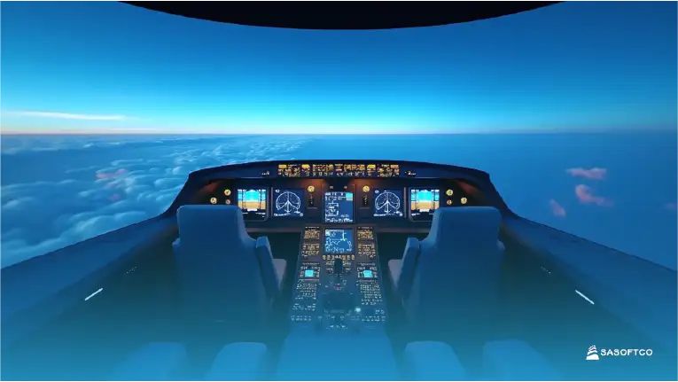 Cabina de simulador de vuelo con vista realista del cielo
