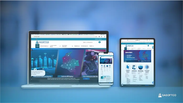 Página Web de SASOFTCO en laptop, tablet y móvil. Desarrollo de Software