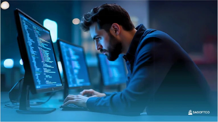 Soporte y Mantenimiento de Software programador trabajando con varias pantallas en entorno oscuro