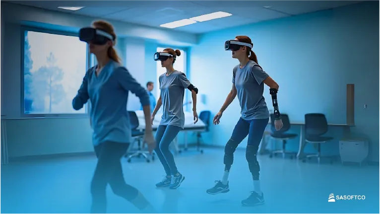 Tres mujeres con gafas VR en Terapia física virtual