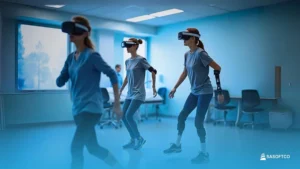 Tres mujeres con gafas VR en Terapia física virtual