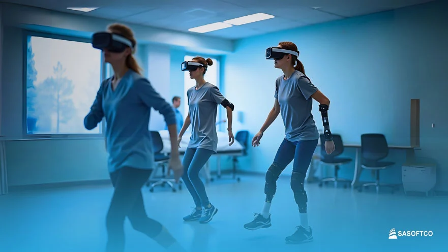 Tres mujeres con gafas VR en Terapia física virtual