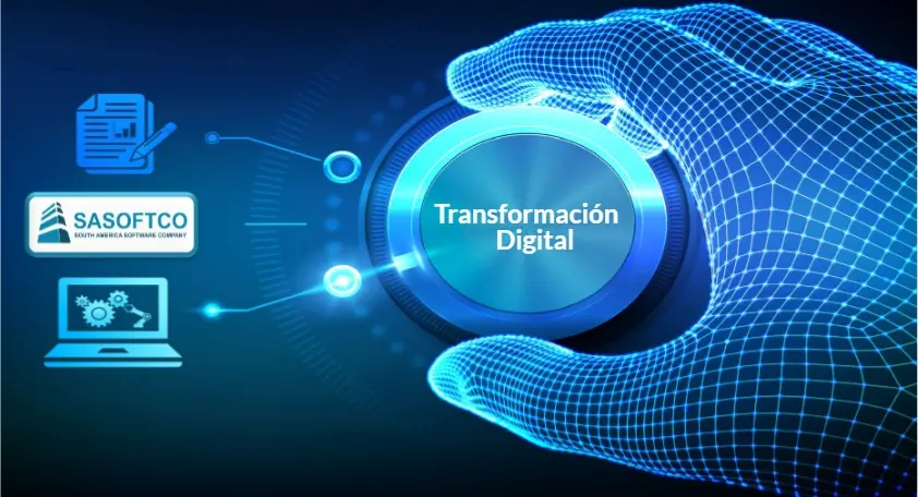 Botón de transformación digital con mano virtual y logo de SASOFTCO.