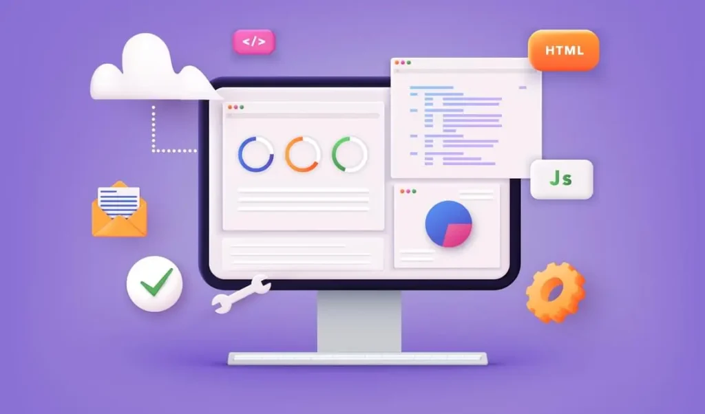 Ilustración de una pantalla de computadora con elementos de desarrollo web, incluyendo gráficos, código HTML y JavaScript, y símbolos de configuración y nube, sobre un fondo morado.