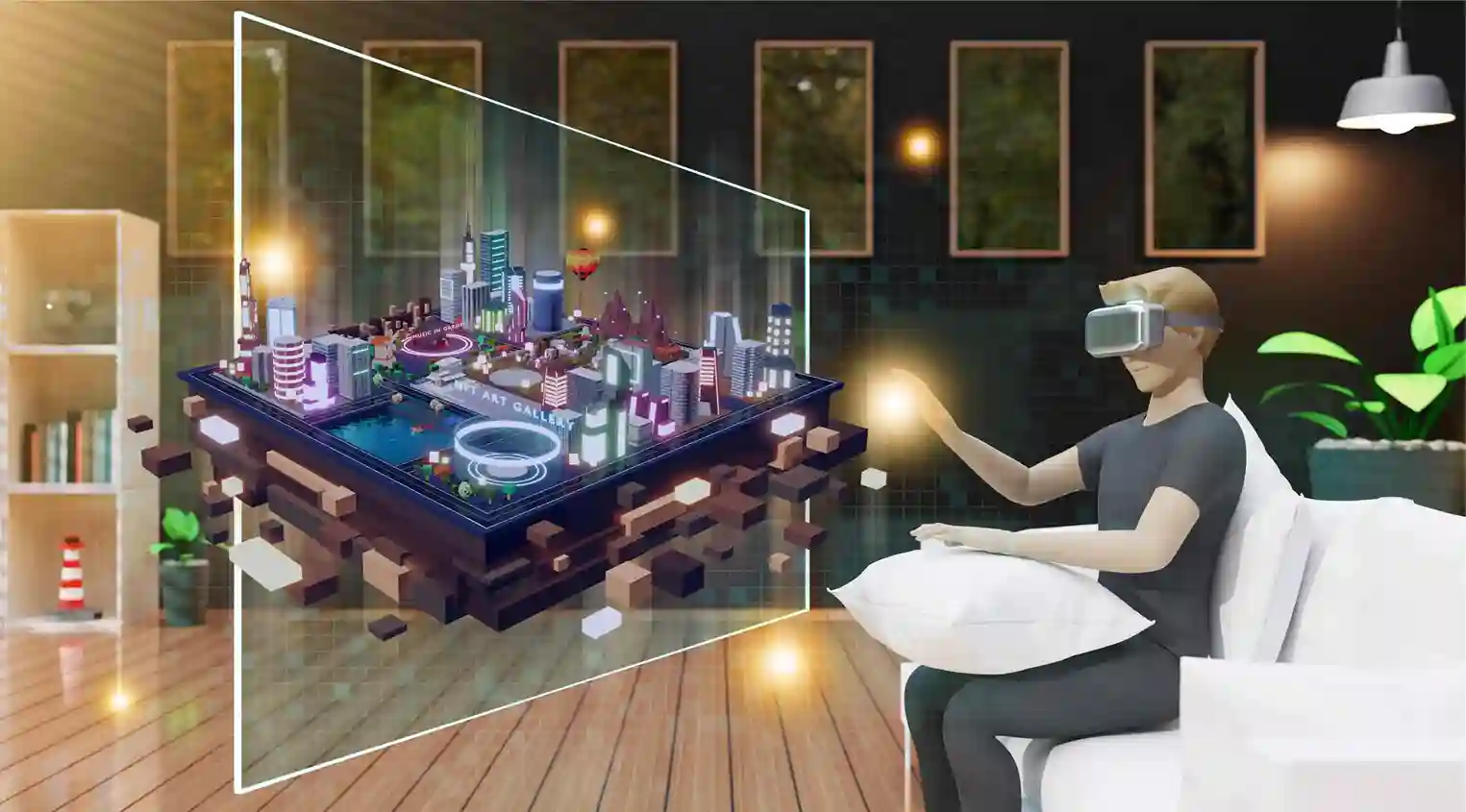 Persona usando gafas de realidad virtual interactuando con una ciudad digital flotante en el metaverso desde su sala de estar