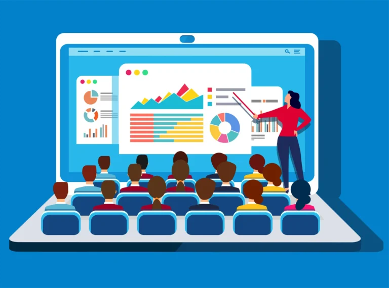 Representación digital de educación en línea con profesora enseñando mediante gráficos dentro de una computadora portátil
