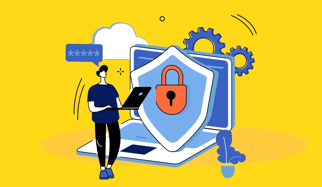 Persona con una laptop y un candado reflejando la importante de la ciberseguridad