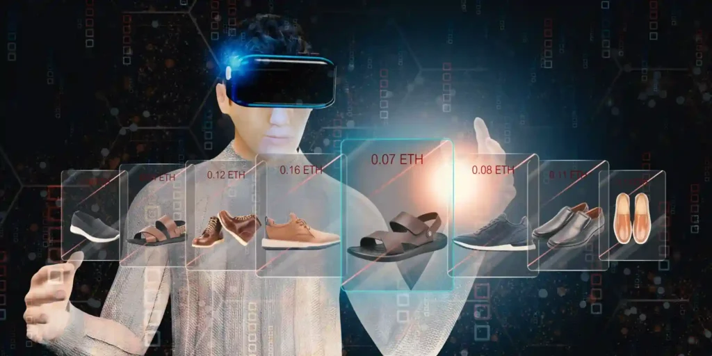 Persona usando visor de realidad aumentada para seleccionar calzado en un entorno virtual con precios en criptomonedas.