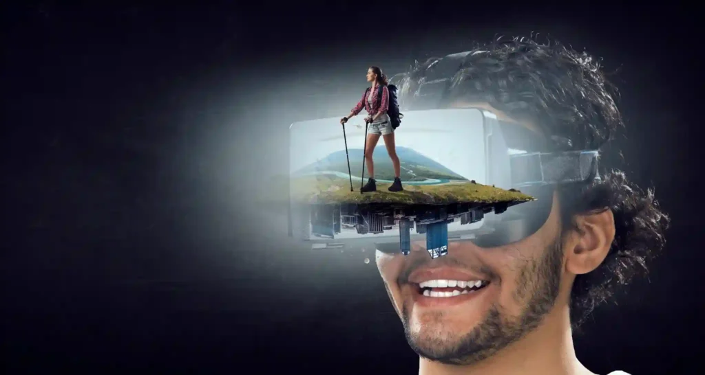 Simulación inmersiva de senderismo mostrada a través de gafas de realidad virtual