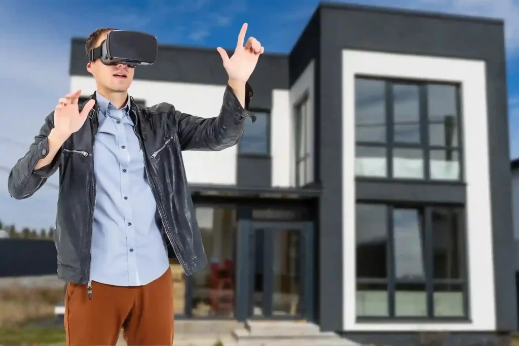Experiencia inmersiva con realidad virtual frente a vivienda contemporánea